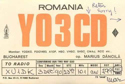 QSL Card ROMANIA Radio Amateur Station YO3CD 1986 Mar
