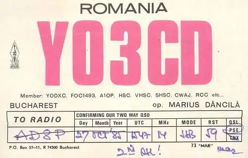 QSL Card ROMANIA Radio Amateur Station YO3CD 1986 Mar