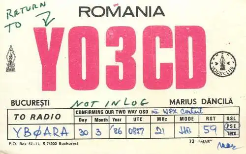 QSL Card ROMANIA Radio Amateur Station YO3CD 1986 Mar