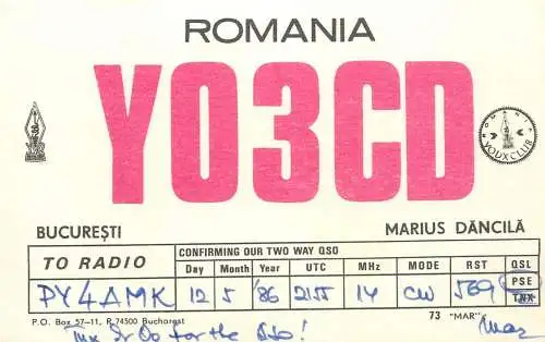 QSL Card ROMANIA Radio Amateur Station YO3CD 1986 Mar