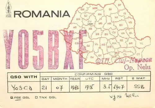QSL Card ROMANIA Radio Amateur Station YO5BXF 1986 Nelu