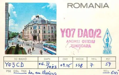 QSL Card ROMANIA Radio Amateur Station YO7DAO 1985 Andrei Ovidiu