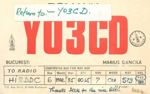 QSL Card ROMANIA Radio Amateur Station YO3CD 1985 Mar