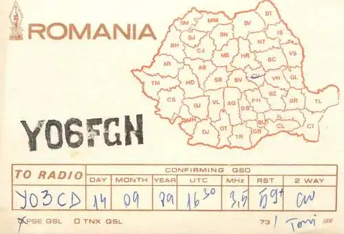 QSL Card ROMANIA Radio Amateur Station YO6FGN 1989 Tomi
