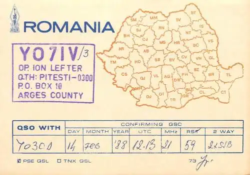 QSL Card ROMANIA Radio Amateur Station YO7IV 1989 Ion Lefter
