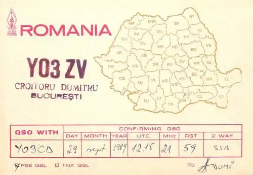 QSL Card ROMANIA Radio Amateur Station YO3ZV 1989 Marius