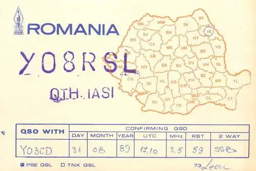 QSL Card ROMANIA Radio Amateur Station YO8RSL 1989 Leon