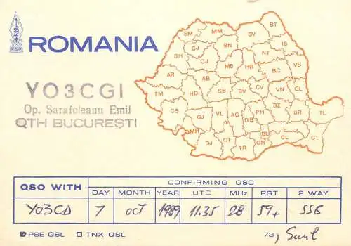 QSL Card ROMANIA Radio Amateur Station YO3CGI 1989 Emil