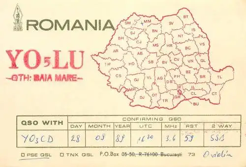QSL Card ROMANIA Radio Amateur Station YO5LU 1989 Ovidiu