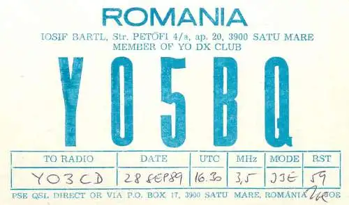 QSL Card ROMANIA Radio Amateur Station YO5BQ 1989