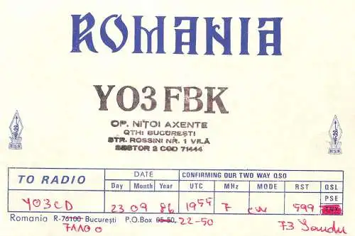 QSL Card ROMANIA Radio Amateur Station YO3FBK Nitoi Axente 1986