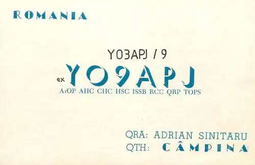 QSL Card ROMANIA Radio Amateur Station YO9APJ Adrian Sanitaru