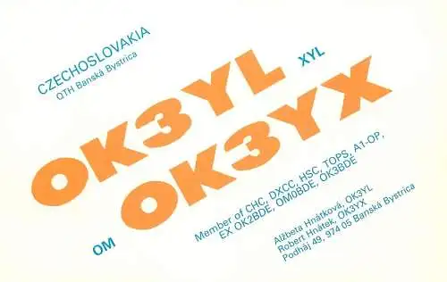 QSL Card Czechoslovakia Radio Amateur Station OK3YL Y03CD