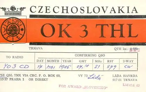 QSL Card Czechoslovakia Radio Amateur Station OK3THL Y03CD 1986 Lada Havrda