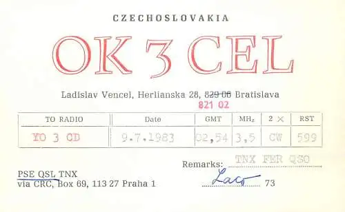 QSL Card Czechoslovakia Radio Amateur Station OK3CEL Y03CD 1983 Laco Vencel