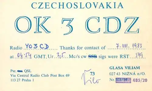 QSL Card Czechoslovakia Radio Amateur Station OK3CDZ Y03CD 1983 Glasa Viliam