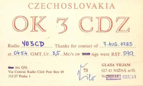 QSL Card Czechoslovakia Radio Amateur Station OK3CDZ Y03CD 1983 Glasa Viliam