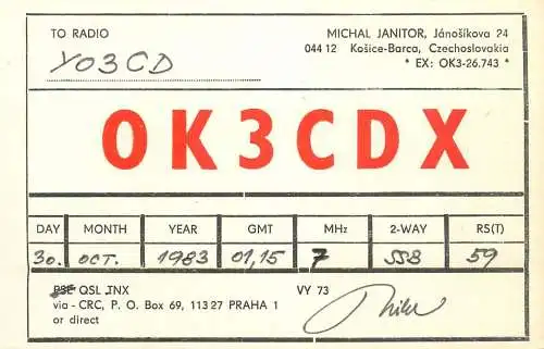 QSL Card Czechoslovakia Radio Amateur Station OK3CDX Y03CD 1983 Michal Janitor
