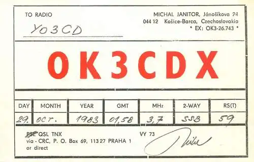 QSL Card Czechoslovakia Radio Amateur Station OK3CDX Y03CD 1983 Michal Janitor