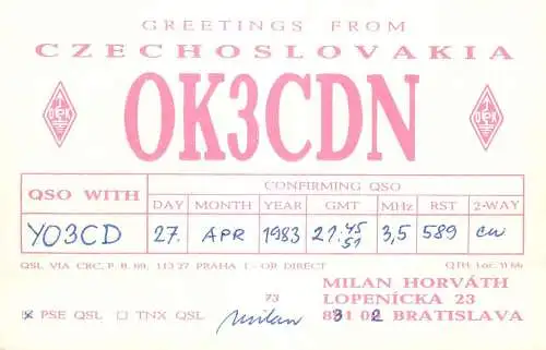 QSL Card Czechoslovakia Radio Amateur Station OK3CDN Y03CD 1983 Milan