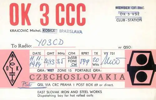 QSL Card Czechoslovakia Radio Amateur Station OK3CCC Y03CD 1984