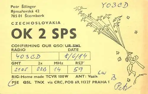 QSL Card Czechoslovakia Radio Amateur Station OK2SPS Y03CD 1984 Petr Silinger