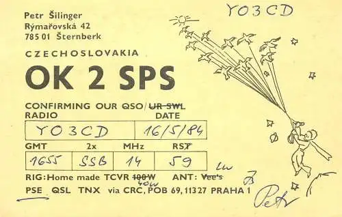 QSL Card Czechoslovakia Radio Amateur Station OK2SPS Y03CD 1984 Petr Silinger
