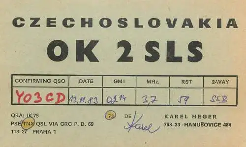 QSL Card Czechoslovakia Radio Amateur Station OK2SLS Y03CD Karel Heger