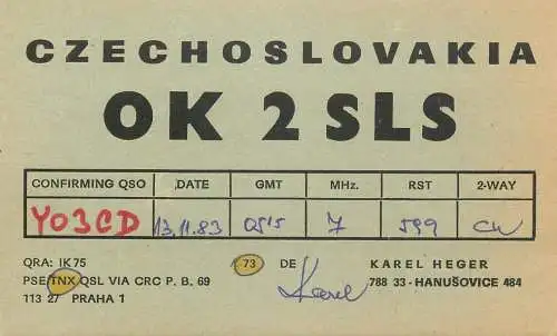 QSL Card Czechoslovakia Radio Amateur Station OK2SLS Y03CD Karel Heger