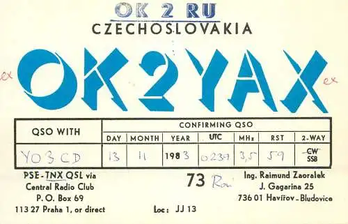 QSL Card Czechoslovakia Radio Amateur Station OK2YAX Y03CD Rai