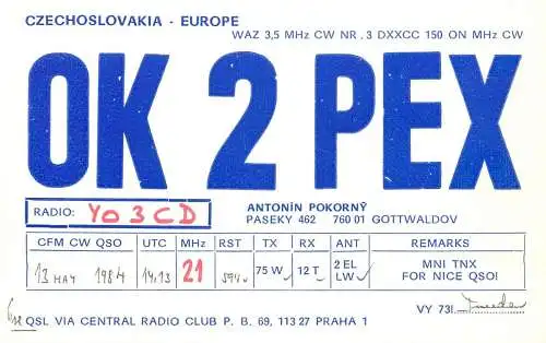 QSL Card Czechoslovakia Radio Amateur Station OK2PEX Y03CD Antonin Pokorny