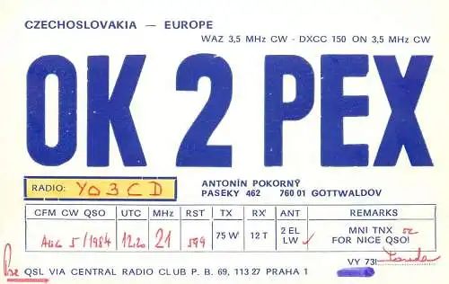 QSL Card Czechoslovakia Radio Amateur Station OK2PEX Y03CD