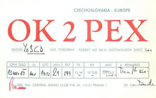 QSL Card Czechoslovakia Radio Amateur Station OK2PEX Y03CD