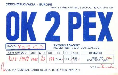 QSL Card Czechoslovakia Radio Amateur Station OK2PEK Y03CD 1985 Antonin Pokorny