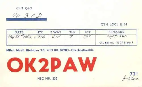 QSL Card Czechoslovakia Radio Amateur Station OK2PAW Y03CD 1985 Milan