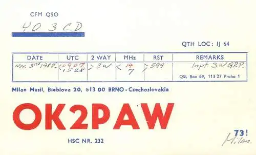 QSL Card Czechoslovakia Radio Amateur Station OK2PAW Y03CD 1985 Milan