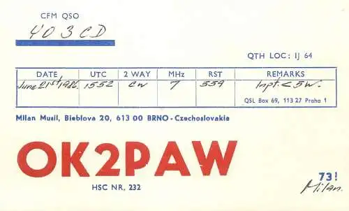 QSL Card Czechoslovakia Radio Amateur Station OK2PAW Y03CD 1985