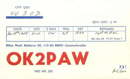 QSL Card Czechoslovakia Radio Amateur Station OK2PAW Y03CD 1985