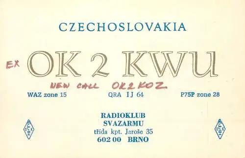 QSL Card Czechoslovakia Radio Amateur Station OK2KWU Y03CD 1985