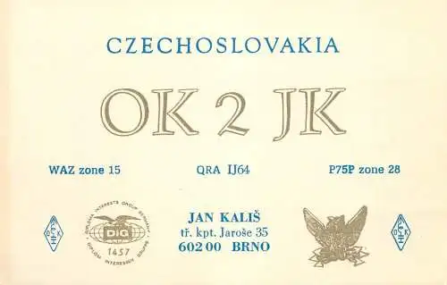 QSL Card Czechoslovakia Radio Amateur Station OK2JK Y03CD Jan Kalis