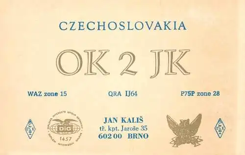 QSL Card Czechoslovakia Radio Amateur Station OK2JK Y03CD Jan Kalis