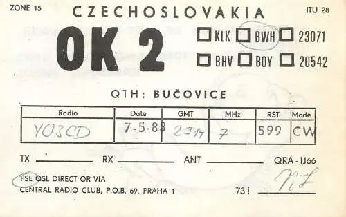 QSL Card Czechoslovakia Radio Amateur Station OK2BWH Y03CD