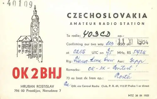 QSL Card Czechoslovakia Radio Amateur Station OK2BHJ Y03CD Rasta