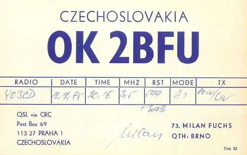QSL Card Czechoslovakia Radio Amateur Station OK2BFU Y03CD Milan Fuchs