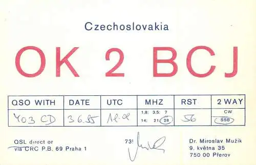 QSL Card Czechoslovakia Radio Amateur Station OK2BCJ Y03CD Miroslav Muzik