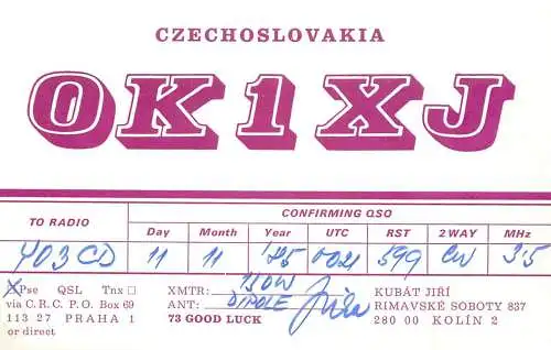 QSL Card Czechoslovakia Radio Amateur Station OK1XJ Y03CD