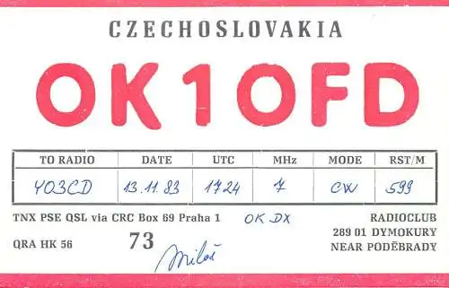 QSL Card Czechoslovakia Radio Amateur Station OK1OFD Y03CD 1983 Milos