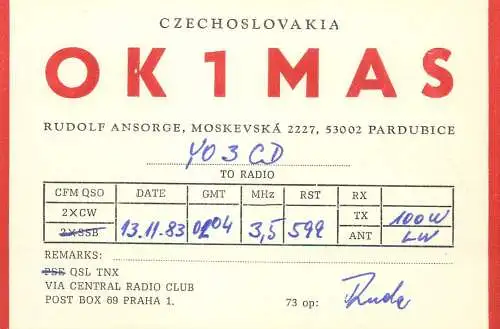 QSL Card Czechoslovakia Radio Amateur Station OK1MAS Y03CD 1983