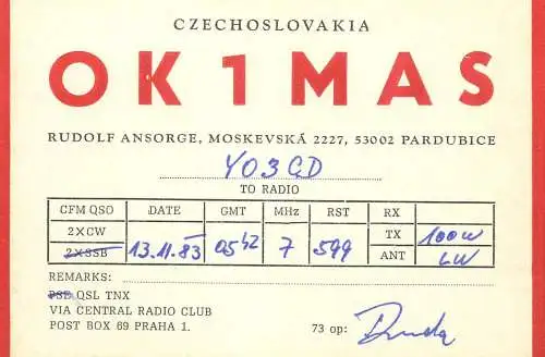 QSL Card Czechoslovakia Radio Amateur Station OK1MAS Y03CD 1983