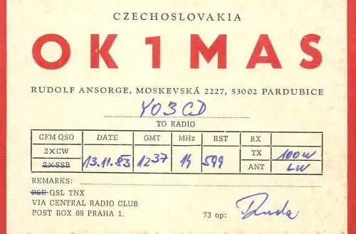 QSL Card Czechoslovakia Radio Amateur Station OK1MAS Y03CD 1983